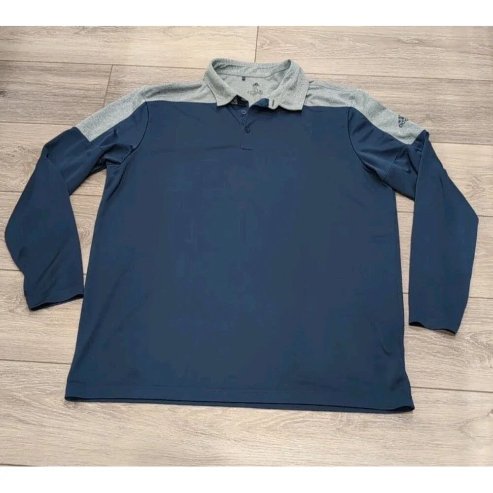 ADIDAS 3 BUTTON GOLF POLO LONG SLEEVE STRETCH PRIME GREEN MEN'S XL NAVY/GRAY